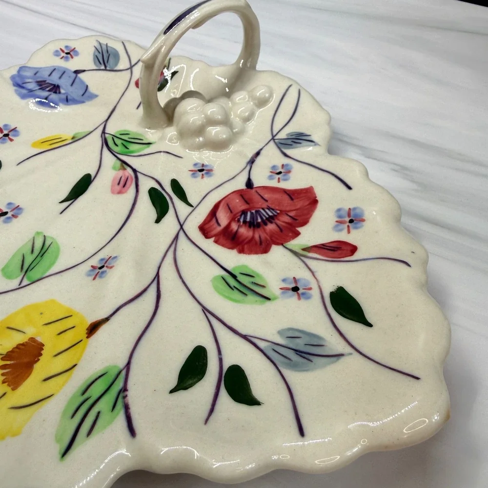 Blue Ridge Southern Potteries Hand Painted Floral Leaf Tray Grape Handle Dish